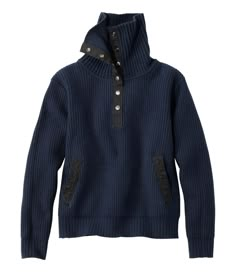 Women's Signature Mountain Ash Quarter-Snap Sweater | Sweaters at L.L.Bean Cozy Navy Tops For Fall, Navy Buttoned Tops For Fall, Winter Turtleneck Sweater With Buttons, Winter Funnel Neck Top For Outdoor, Navy Winter Top With Ribbed Collar, Navy Half-zip Winter Sweatshirt, Navy Polo Sweater With Ribbed Collar For Winter, Fall Polo Sweater For Cold Weather, Navy Button Sweater For Fall