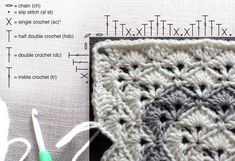 a crochet square is shown next to a knitting needle and the stitchs have been drawn