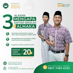 two men standing next to each other in front of a white background with the words 3 mengapa daftar skolah al maka on it