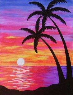 a painting with palm trees and the sun setting