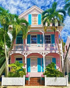 a painting of a pink house with blue shutters and palm trees