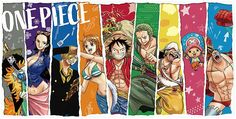 the one piece characters are lined up in different colors and sizes, with their names on them