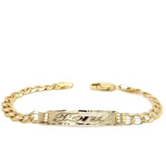 Cherish the Moment with our 14k Yellow Gold Kids and Baby ID Bracelet: Crafted in the timeless Solid Wide Cuban Link style, this bracelet is a symbol of Elegance and Love. We believe in the power of personalization. Your child's name is expertly cut from solid 14k Gold and elegantly overlaid on the bracelet, creating a one-of-a-kind accessory. Additionally, you have the option to engrave a significant date on the back of the nameplate, transforming this bracelet into a cherished keepsake.  Whether it's a birth, a baptism, or simply an expression of love, this 14k Gold Kids ID Bracelet is a heartfelt and timeless gift that symbolizes the beauty of childhood and the joy of growing up. Order this beautiful bracelet today and look forward to receiving it within 4 business days within the U.S. Quince Bracelets, Customised Bracelets, Jewelry Accessories Ideas, Id Bracelets, Jewelry Lookbook, Timeless Gifts, Cuban Link, Dream Jewelry, Chain Link Bracelet