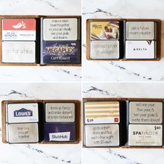 four different types of business cards in a leather case on a marble counter top,