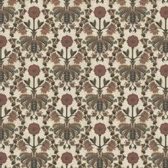 an old fashioned wallpaper with red flowers and leaves on white background, as well as brown