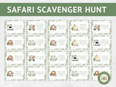 the safari scavenger hunt is shown in green and white with animals on it