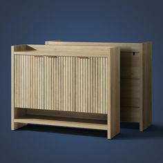 an empty wooden cabinet on a blue background