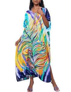 PRICES MAY VARY. SIZE: one size beach kaftan dresses for women fits US size S, M, L, XL MATERIAL: This caftan dress is made of soft and lightweight fabric, cool and comfy in the summer FEATURES: Chic print, V-neck, side split, loose fit, oversized long beach coverup, which makes you feel free. MATCHING: easy to match with a bikini, swimsuit, bathing suit, sun hat, sunglasses, making you look more charming. OCCASION: perfect caftan dress for a beach, swimming pool, loungewear, waterpark, tanning Long Printed Beach Dress For Beach Cover-up, Multicolor V-neck Beach Dress For Vacation, Multicolor V-neck Cover-up For Pool, Free Size Kaftan For Spring Beach Cover-up, Multicolor V-neck Maxi Dress For Beach, Beach V-neck Printed Kaftan, Multicolor Beachwear Dress For Beach Season, Multicolor Beach Dress For Beach Season, Multicolor V-neck Cover-up For Beach Party