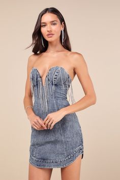 Dazzling Vibes Medium Wash Rhinestone Strapless Denim Mini Dress