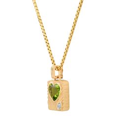 14k gold with hand-cut Peridot Heart and Diamond Pear. Measures 15.25mm by 11.75mm. Comes on a 1.8mm chain. 2.26 ct Peridot 0.10 ct Diamond Peridot inspires creativity and promotes wellness and balance. The gemstone has both protective and healing properties. Heart Amulet, Close Instagram, Amulet Necklace, Rose Jewelry, Social Media Facebook, Chains Necklaces, Pear Diamond, Healing Properties, Necklaces Bracelets