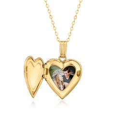 Ross-Simons - Plain - 10kt Yellow Gold Heart Locket Necklace. 18". Canaria fine jewelry. Perfect for everyday wear, these genuine 10kt gold wardrobe essentials are fashionable, fun and designed to last a lifetime. Strong and durable, our collection of gold classics is always a great value. This 10kt yellow gold heart locket necklace is a charming choice to elevate your personal style. Fits approx. 1/4" x 5/16" photo inside. Suspends from a cable chain from Italy. Springring clasp, 10kt yellow go Personalized 14k Gold Locket Necklace For Valentine's Day, Yellow Gold Locket Necklace For Valentine's Day, Valentine's Day Yellow Gold Locket Necklace, Valentine's Day Double Heart Locket Necklace In Yellow Gold, Valentine's Day Yellow Gold Double Heart Locket Necklace, Valentine's Day Double Heart Yellow Gold Locket Necklace, Valentine's Day Yellow Gold Locket Necklace For Anniversary, Gold Heart Locket Necklace, Gold Wardrobe