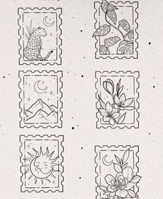 four stamps with flowers and birds on them, all drawn in one single line by hand