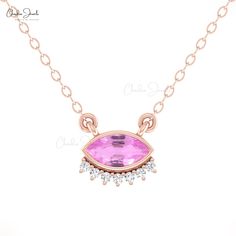 Description Embrace elegance with the Solid 14k Gold Diamond and 0.52Ct Pink Sapphire Evil Eye Floating Necklace. Perfect for September birthdays, this fine jewelry piece dazzles with vibrant pink sapphires and sparkling diamonds, making it a stunning and meaningful gift for her. Product Details SKU CJ-N-1779-PS Metal 14K Solid Gold Chain type Cable Chain Chain length 14+2 inch Closing mechanism Spring Ring Product dimension 16 inch x 8.6mm Birthstone September Certification N/A Pink Sapphire De Formal Pink Diamond Necklace, Pink Diamond Necklace For Formal Occasions, Pink Diamond Necklace As Gift, Pink Diamond Necklace Gift, Pink Diamond Necklace For Gift, Elegant Pink Diamond Necklace With Accents, Pink Gemstone Necklace In 14k Gold, Pink Cubic Zirconia Necklace With Prong Setting, Pink 14k Gold Jewelry With Brilliant Cut