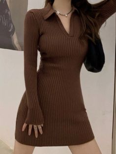 Vevesc Women Turn Down Collar Knitted Dress Slim Waist Tunic Bottoming Sweater Dresses Elegant Chic Trendy Y2k Vestido De Mujer Fabric Type: Chemical Fiber Dresses Length: Above Knee, Mini Material: COTTON Material: POLYESTER Material: SPANDEX Brown Ribbed V-neck Dress, Beige Knitted V-neck Sweater Dress, Brown V-neck Ribbed Dress, Brown Ribbed Mini Dress, Beige Long Sleeve Ribbed Sweater Dress, Casual Brown Winter Dress, Brown Knitted Dresses For Fall, Brown Long Sleeve Sweater Dress For Winter, Casual Brown Knitted Dress