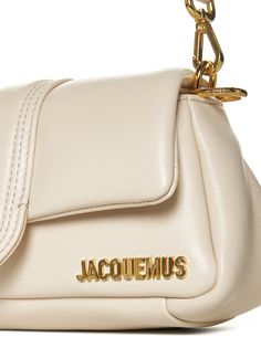 Detachable leather shoulder strap. Detachable single leather top handle. Front flap with magnetic closure. Gold-colored metal logo detail. Color: beige. Composition: 100% LambskinComposition: 100% Lambskin | Jacquemus Women's Le Petit Bambimou Leather Shoulder Bag in Light Beige | FW23/24 Jacquemus Bag, Metal Logo, Metallic Logo, French Design, The Chic, Luxury Retail, Leather Top, Light Beige, Magnetic Closure