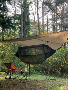 a hammock is set up in the woods