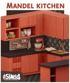 an orange kitchen with black counter tops and wooden cupboards, is featured in this advertisement