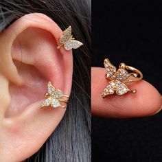 two images of the same ear with different types of piercings on them, one is gold and the other is white