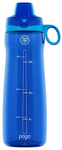 a blue water bottle with a handle and measurements on the side, sitting against a white background