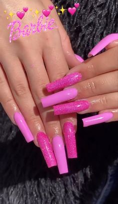 Cute Long Square Nails, Purple Croc Nails, Different Shades Of Pink Nails, Pink Glam Nails, Pink Sparkly Nails, Pink Bling Nails, Paw Nails, Barbie Pink Nails