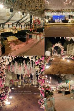 wedding decorations and flowers are on display in this photo collage with the bride and groom