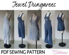 four different images of overalls on mannequins with text overlay that reads, sewing patterns for jewel dunggs