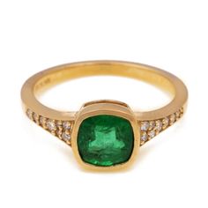 1.44 Ctw Emerald With 0.15 Ctw White Diamond Ring in 14K YG Metal - 3.16 Grams Luxury Yellow Gold Emerald Ring With Single Cut Diamonds, Yellow Gold Emerald Cut Halo Ring For Formal Occasions, Yellow Gold Emerald Cut Halo Ring For Formal Events, Formal Yellow Gold Emerald-cut Halo Ring, Formal Yellow Gold Emerald Cut Halo Ring, Luxury Cushion Cut Emerald Ring In Yellow Gold, Classic Cushion Cut Ring With Pave Setting, Luxury Yellow Gold Cushion Cut Emerald Ring, Classic Yellow Gold Emerald Wedding Jewelry