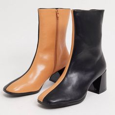 Gorgeous Unique Boots In Camel And Black Two Tone Color Way. Exclusive To Asos. Never Worn, Perfect Condition. Retro Black Boots For Fall, Square Toe Ankle Boots, Unique Boots, Asos Shoes, Vegan Boots, Leather Ankle Boots, Rain Boots, Chelsea Boots, Heeled Boots