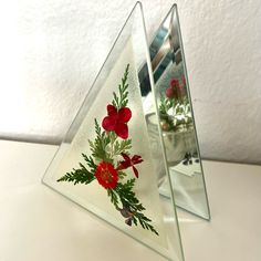 two triangle shaped glass vases with red flowers in them on a white counter top