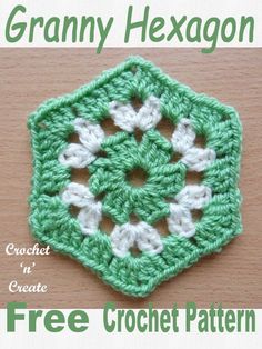 the granny hexagon is crocheted in green and white