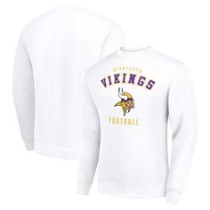 Don't settle for check downs and go deep by adding this Team Logo Pullover Sweatshirt to your Minnesota Vikings collection. The striking graphics and high-quality material will quickly make this top a wardrobe favorite. This piece was designed by Starter to keep you cozy in moderate temperatures so chilly weather doesn't catch you with a blindside hit. Whether headed to the tailgate or out and about, you'll always look your best rocking this Minnesota Vikings team swag. White Long Sleeve Tops For Fan Gear, Long Sleeve Logo Print Tops For Fan Gear, Long Sleeve Tops With Logo Print For Sports Season, White Long Sleeve Sweater For Game Day, Fall Fan Apparel Tops With Logo Print, White Fan Gear Top With Lettering, Sports Events Long Sleeve Sweatshirt With Lettering, Long Sleeve Logo Print Sweatshirt For Sports Events, Sports Event Long Sleeve Sweatshirt With Logo