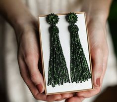 Olive green beaded tassel earrings. Long tassel earrings. Statement earrings. Beaded fringe earrings Bridesmaid earrings Swarovski earrings Elegant Green Dangle Tassel Earrings, Elegant Green Earrings With Beaded Fringe, Green Beaded Fringe Earrings For Party, Green Beaded Fringe Jewelry For Party, Elegant Green Beaded Fringe Tassel Earrings, Elegant Green Beaded Earrings With Tassels, Elegant Green Tassel Earrings With Fringe, Green Beaded Evening Jewelry, Elegant Green Beaded Fringe Earrings