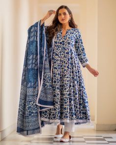 Cotton Dress Set - Indigo Colored Dabu Print - Ria Fashions Chikankari Palazzo, Palazzo Kurta, Blue Anarkali, Dabu Print, Cotton Anarkali, Anarkali Kurti, Salwar Kamiz, Designer Salwar, Anarkali Kurta