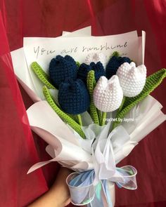 just sharing these pretty shots from draft 🦋☁️🌀 For inquiries and orders, please send us a message 💌 🏷️ #crochet #bouquet #flowers #crochetflowerbouquet #crochetflowers #tulips #crochettulips #denimblue #blue #white #whitetheme #crochetph #crochetphilippines #giftideas #handmadewithlove #handmade Crochet Bouquet Flowers, Flor A Crochet, Tulip Bouquet, Blue Tulips, Flower Crochet, Crochet Stitches For Beginners, White Crochet, Diy Crochet