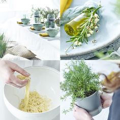 four different pictures with herbs and pasta in them