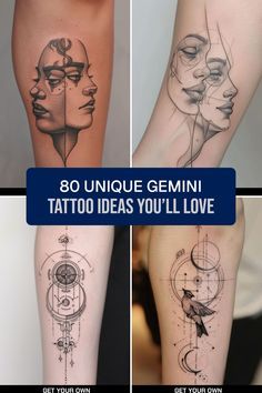 four different tattoos on legs with the words 80 unique gemini tattoo ideas you'll love