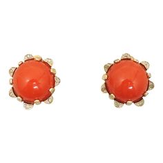 This is part of Chairish’s Costume Jewelry assortment.  1950s goldtone cabochon faux-carnelian centers with small round clear rhinestone accents clip back earrings. Marked "Nettie Rosenstein" in script on clips. Measure: 15/16 inches across. Condition: Very good; some minor wear to backs. Gold Vintage Cabochons, Vintage Yellow Gold Clip-on Earrings With Cabochon, Vintage Yellow Gold Cabochon Clip-on Earrings, Nettie Rosenstein, Clip Earrings, Clear Rhinestones, Vintage Signs, Vintage 1950s, Costume Jewelry