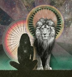 a lion standing next to a person in front of a space filled with stars and circles