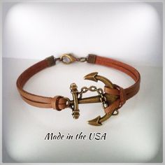 Leather Anchor bracelet Anchor jewelry Nautical by QberryCreations Nickel-free Brown Bracelets As Gift, Nickel-free Brown Bracelets For Gifts, Handmade Adjustable Nautical Bracelets, Handmade Nautical Adjustable Bracelets, Adjustable Nautical Bracelets For Everyday, Adjustable Nautical Style Jewelry For Gifts, Adjustable Nautical Style Bracelets For Everyday, Adjustable Nautical Style Bracelet For Everyday, Adjustable Nautical Style Everyday Bracelets