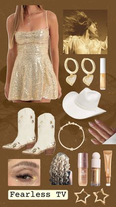 a woman's outfit and accessories including boots, bracelets, lipstick, hair clips, eyeliners