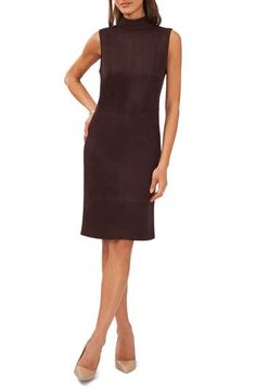 An exposed back zipper reinforces the polished aesthetic of a sleeveless sheath sewn with structured seams. 38 1/2" length (size Medium) Mock neck Sleeveless 93% polyester, 7% spandex Machine wash, tumble dry Imported Chic Fitted Brown Sleeveless Dress, Sheath Sleeveless Dress With Flattering Silhouette, Elegant Fitted Sleeveless Dress With Side Zipper, Stretch Sheath Sleeveless Dress For Work, Fitted Sleeveless Knee-length Dress With Side Zipper, Fitted Sleeveless Dress With Back Zipper For Work, Fitted Sleeveless Brown Dress For Work, Brown Fitted Sleeveless Dress For Work, Fitted Brown Sleeveless Dress For Work