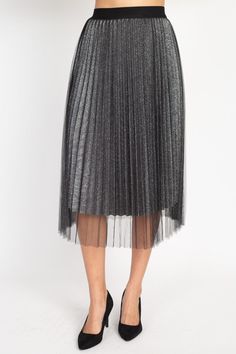 An accordion pleated mesh midi skirt featuring an elasticized waist, metallic lining, raw-cut hem, and a relaxed silhouette. Night Out Tulle Midi Skirt, Midi Pleated Skirt With Accordion Pleats For Party, Accordion Pleats Midi Skirt For Party, Party Midi Skirt With Pleated Hem, Midi Party Skirt With Accordion Pleats, Metallic Pleated Skirt Bottoms For Spring, Elegant Metallic Pleated Bottoms, Metallic Pleated Skirt For Spring, Spring Metallic Pleated Skirt