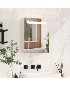 a bathroom with a sink, mirror and plants