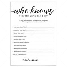 Girl First Birthday Trivia Who Knows The One Year Old Best Printable by LittleSizzle 1st Birthday Trivia Questions, Who Knows The One Year Old Best, First Bday Games, First Bday Games Party Activities, Games For 1 Year Party, Baby First Birthday Activities, One Year Old Birthday Party Activities, Games For One Year Old Birthday Party, One Year Old Birthday Party Games