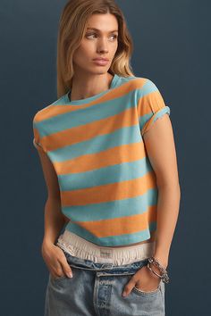 Cotton Pullover styling Machine wash Imported | Brentwood T-Shirt by KULE in Blue, Women's, Size: XS, Cotton at Anthropologie Blue Washed Tops For Fall, Relaxed Fit Faded Cotton Top, Faded Cotton Top With Relaxed Fit, Trendy Washed Blue Tops For Fall, Light Wash Tops With Relaxed Fit For Fall, Casual Washed Blue Soft-washed Tops, Casual Soft-washed Washed Blue Tops, Trendy Light Wash Soft-washed Top, Light Wash Relaxed Fit Top For Fall