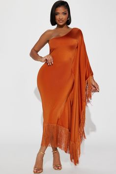 Feeling Fringe Midi Dress - Rust | Fashion Nova, Dresses | Fashion Nova Dress One Shoulder Long, Fringe Midi Dress, Bat Sleeves Dress, Date Night Fashion, Dress One Shoulder, Rust Dress, Fringe Dress, Fashion Nova Dress, Midi Dress With Sleeves