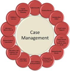 a circle with the words case management surrounded by many red circles and labeled in different languages