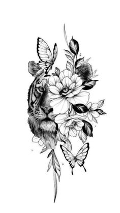 a tiger with flowers and butterflies on it's head, in black and white