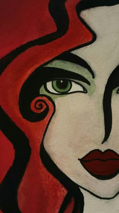 a painting of a woman's face with red hair and green eyes, painted in black and white