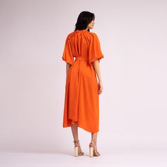 Orange crepe midi dress with raglan sleeves and pleats, accesorized with a cord with a gold buckle. Dry clean only. Composition: 60% POLYESTER 40% VISCOSE Spring Daywear Dresses With Draped Sleeves, Spring Midi Dress With Draped Sleeves For Brunch, Belted Midi Maxi Dress In Viscose, Belted Viscose Maxi Dress, Belted Viscose Midi Maxi Dress, Viscose Midi Dress With Pleated Waist For Work, Spring Maxi Dress With Draped Sleeves For Work, Spring Workwear Maxi Dress With Draped Sleeves, Viscose Midi Dress With Gathered Sleeves